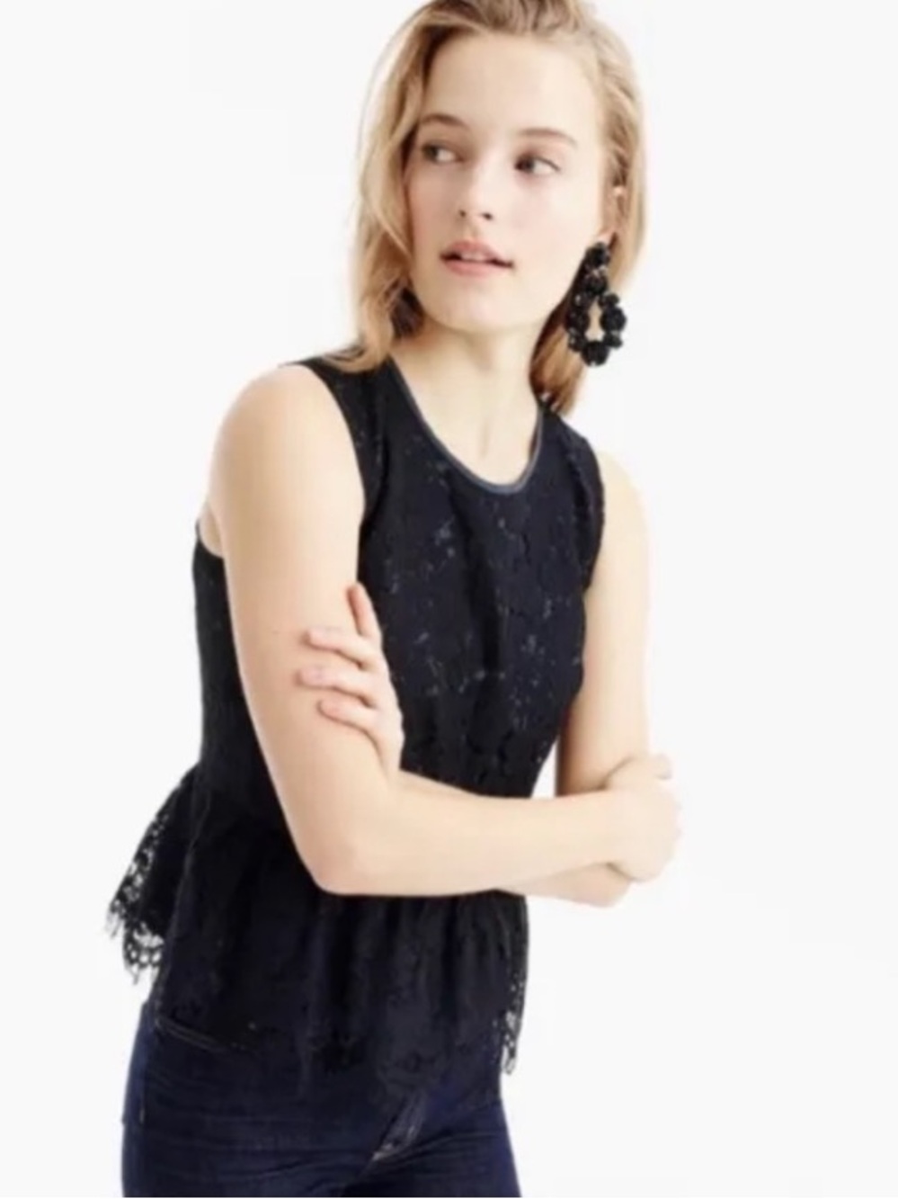 J. Crew Black lace sleeveless top peplum hem NWT